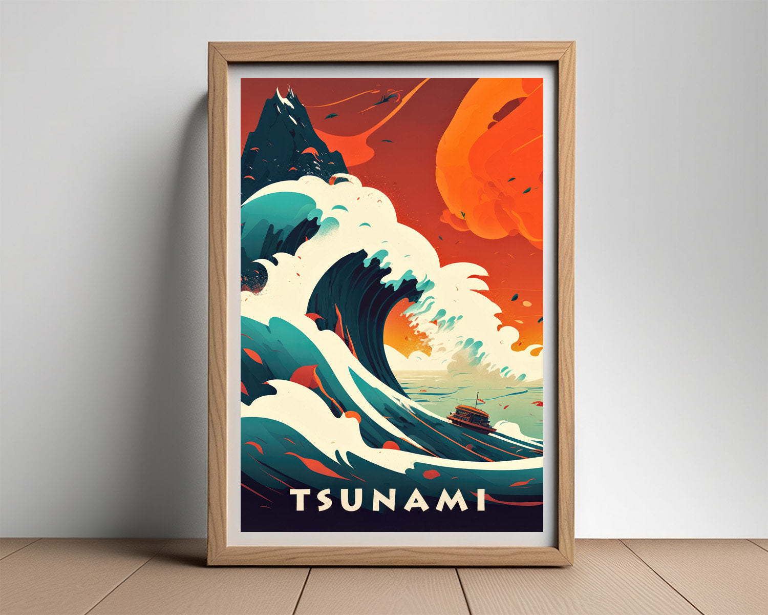 Framed Tsunami Travel Poster in Portrait orientation, minimal background, close up wall art print 2