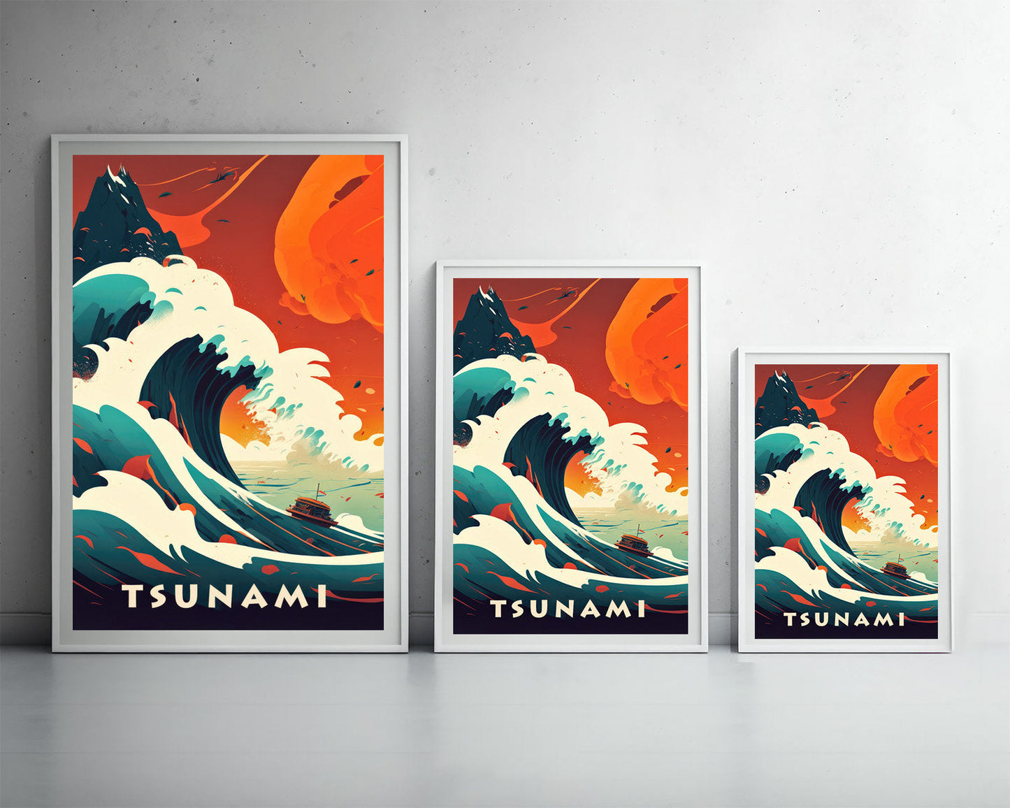 Framed Tsunami Travel Poster in Portrait orientation, minimal background, close up wall art print 3