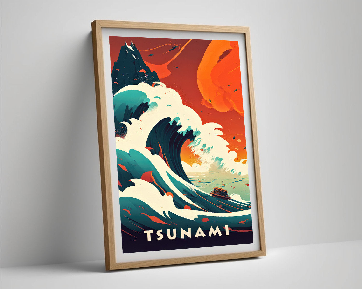 Framed Tsunami Travel Poster in Portrait orientation, minimal background, close up wall art print 4