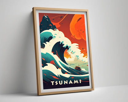 Framed Tsunami Travel Poster in Portrait orientation, minimal background, close up wall art print 4