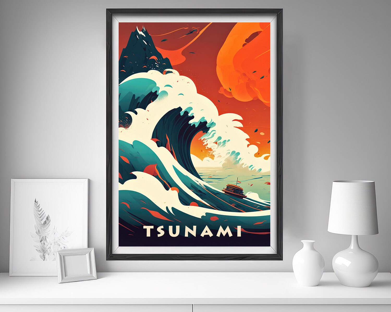 Framed Tsunami Travel Poster in Portrait orientation, minimal background, close up wall art print 5