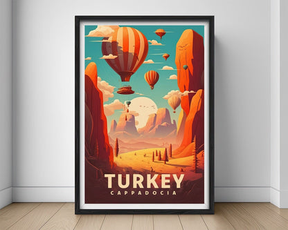 Framed Turkey Cappadocia Travel Poster in Portrait orientation, minimal background, close up wall art print 1