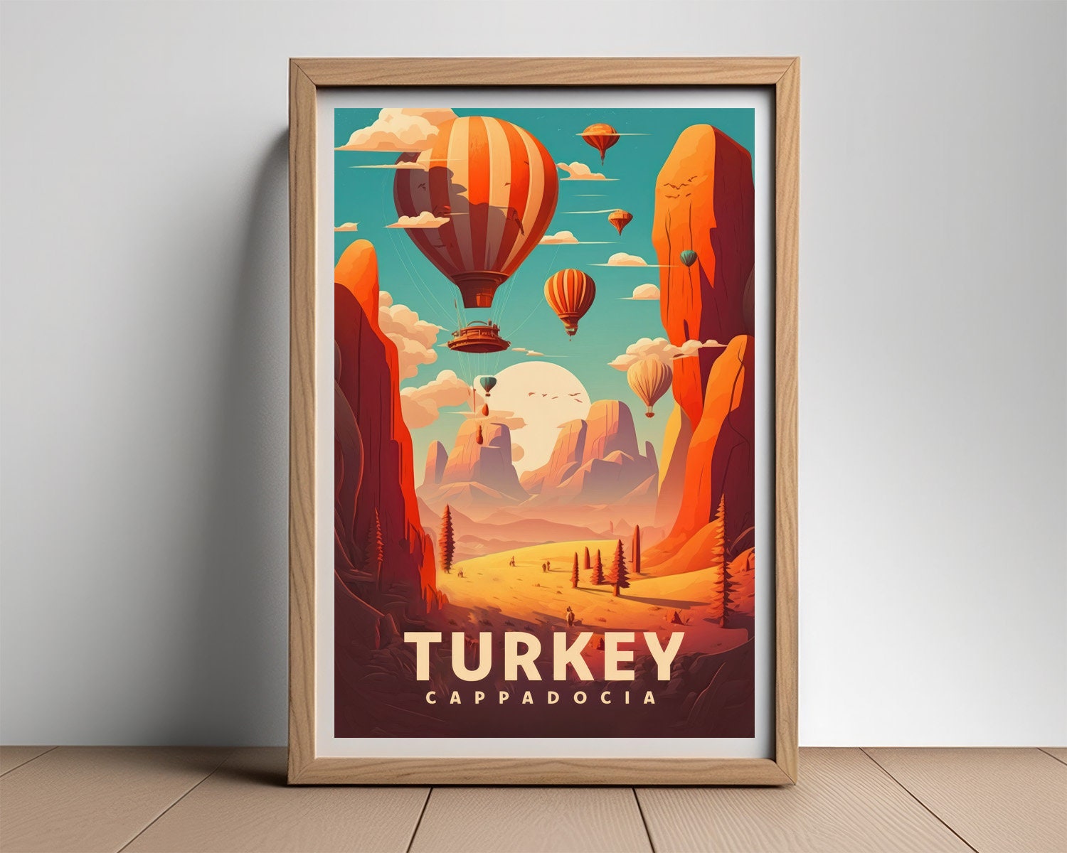 Framed Turkey Cappadocia Travel Poster in Portrait orientation, minimal background, close up wall art print 2