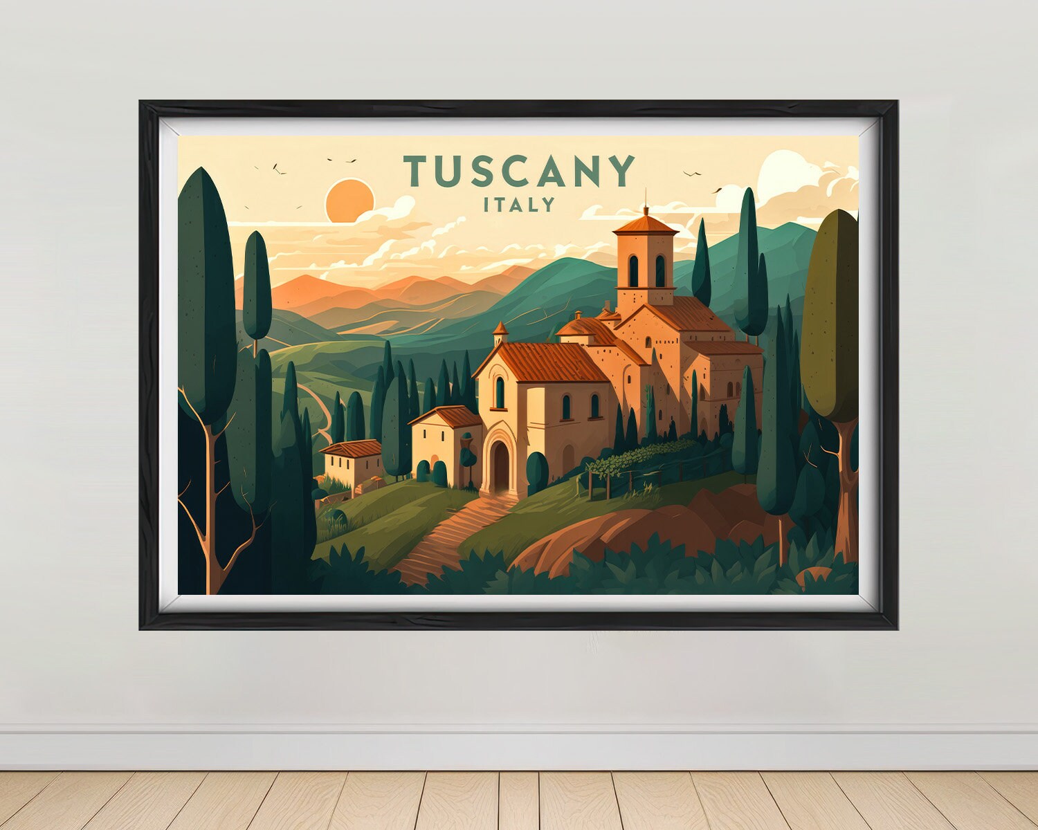 Framed Tuscany Italy Travel Poster in Landscape orientation, minimal background, close up wall art print 1