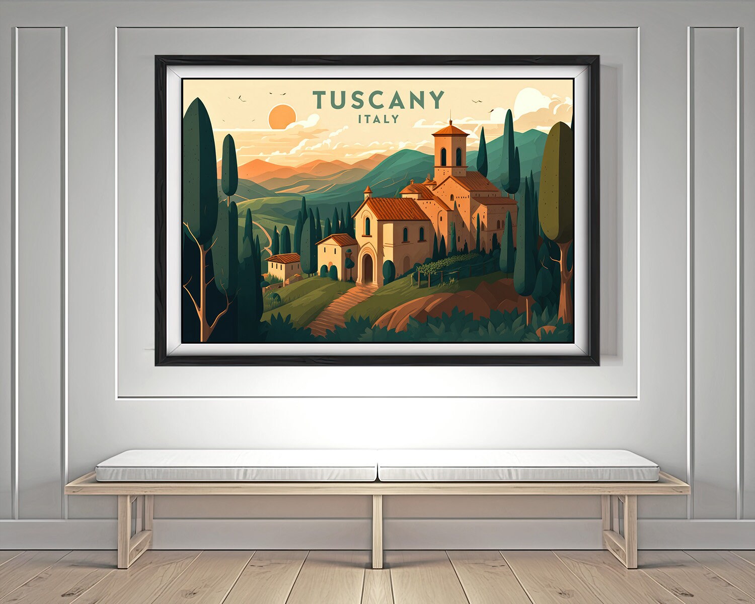 Framed Tuscany Italy Travel Poster in Landscape orientation, minimal background, close up wall art print 2
