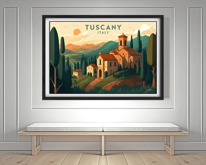 Framed Tuscany Italy Travel Poster in Landscape orientation, minimal background, close up wall art print 2