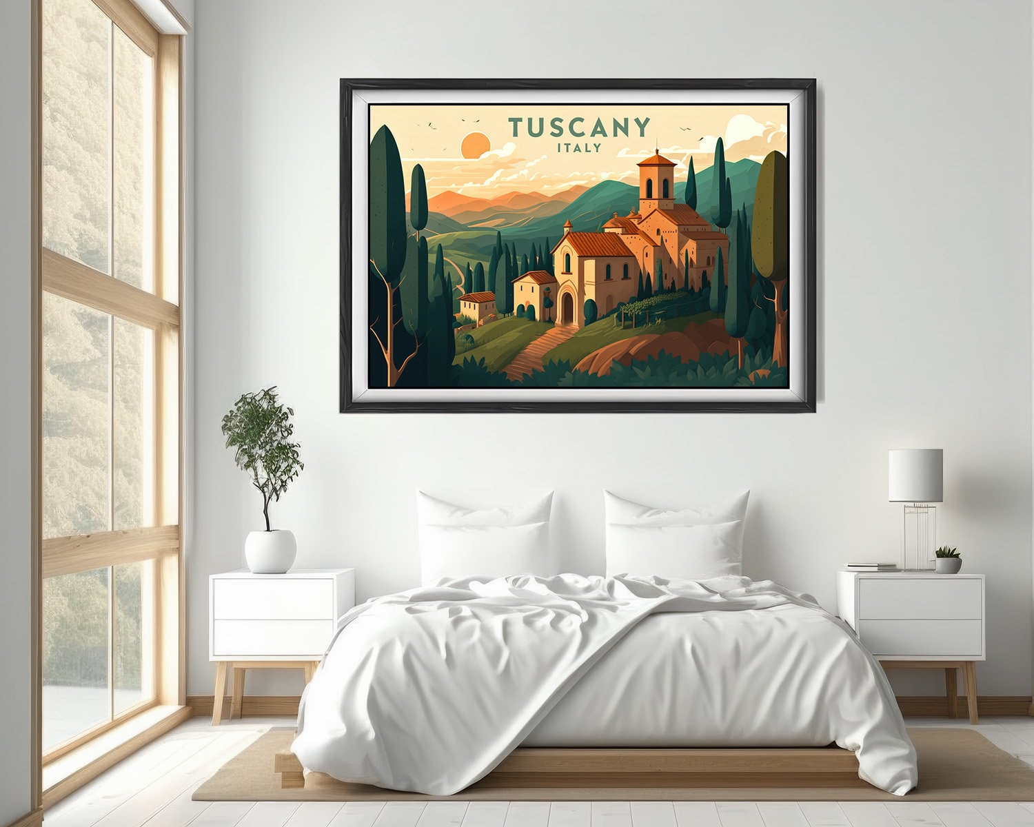 Framed Tuscany Italy Travel Poster in Landscape orientation, minimal background, close up wall art print 3