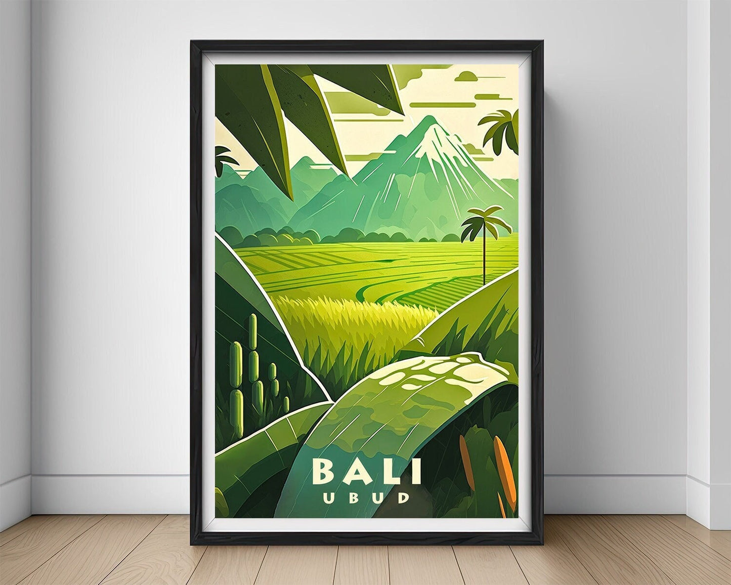 Framed Ubud Bali Indonesia Travel Poster in Portrait orientation, minimal background, close up wall art print 1