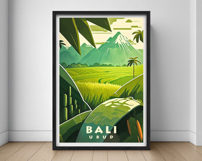 Framed Ubud Bali Indonesia Travel Poster in Portrait orientation, minimal background, close up wall art print 1