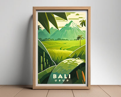 Framed Ubud Bali Indonesia Travel Poster in Portrait orientation, minimal background, close up wall art print 2