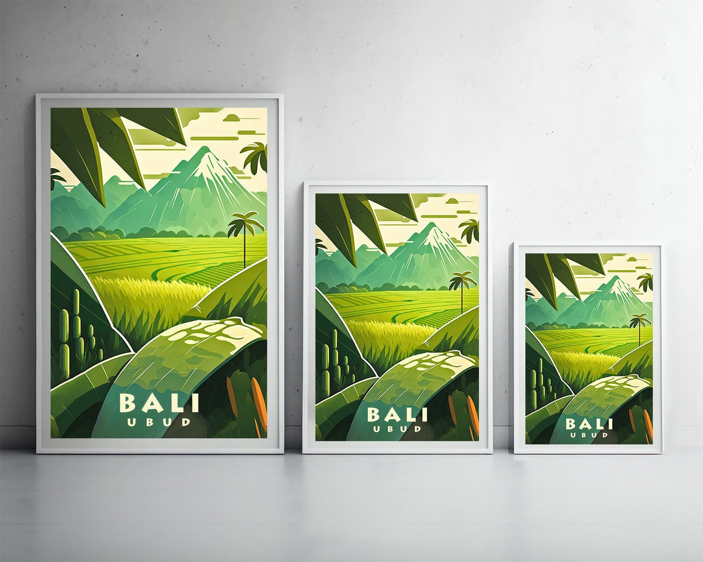 Framed Ubud Bali Indonesia Travel Poster in Portrait orientation, minimal background, close up wall art print 3