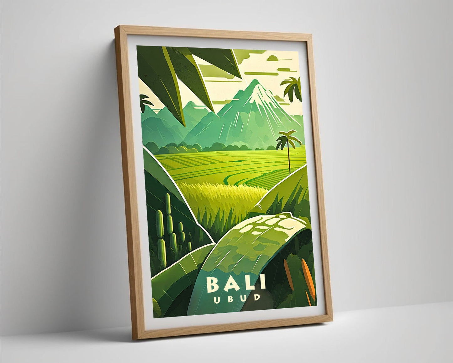 Framed Ubud Bali Indonesia Travel Poster in Portrait orientation, minimal background, close up wall art print 4