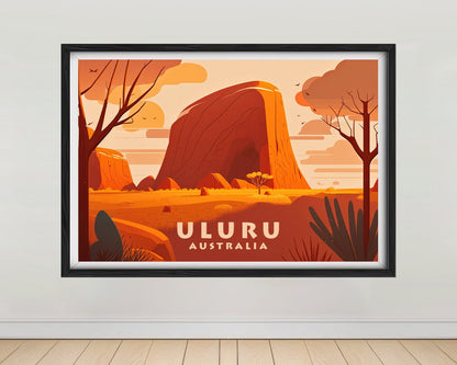 Framed Uluru Ayers Rock Australia Travel Poster in Landscape orientation, minimal background, close up wall art print 1