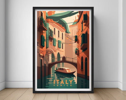 Framed Venice Italy Travel Poster in Portrait orientation, minimal background, close up wall art print 1