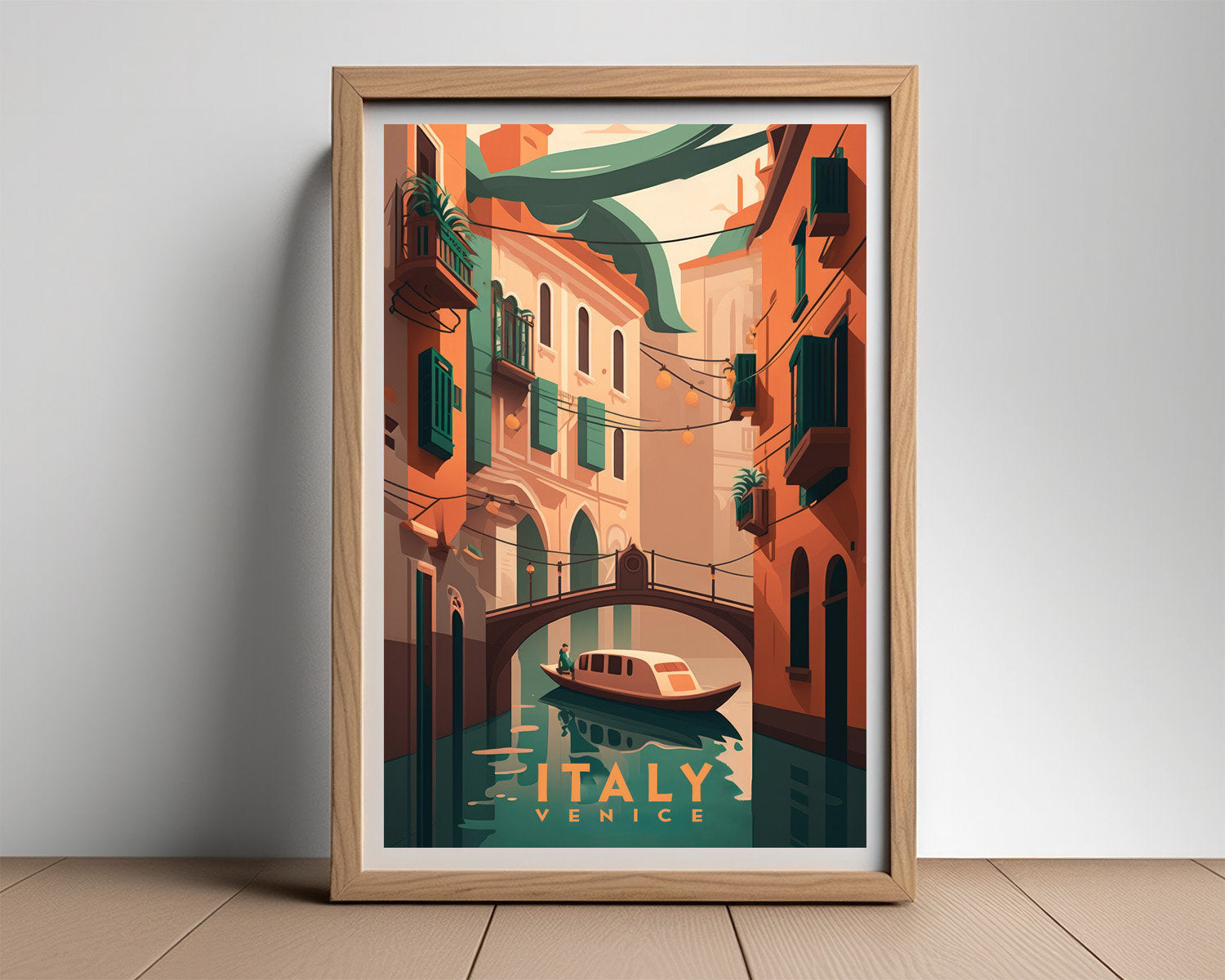 Framed Venice Italy Travel Poster in Portrait orientation, minimal background, close up wall art print 2