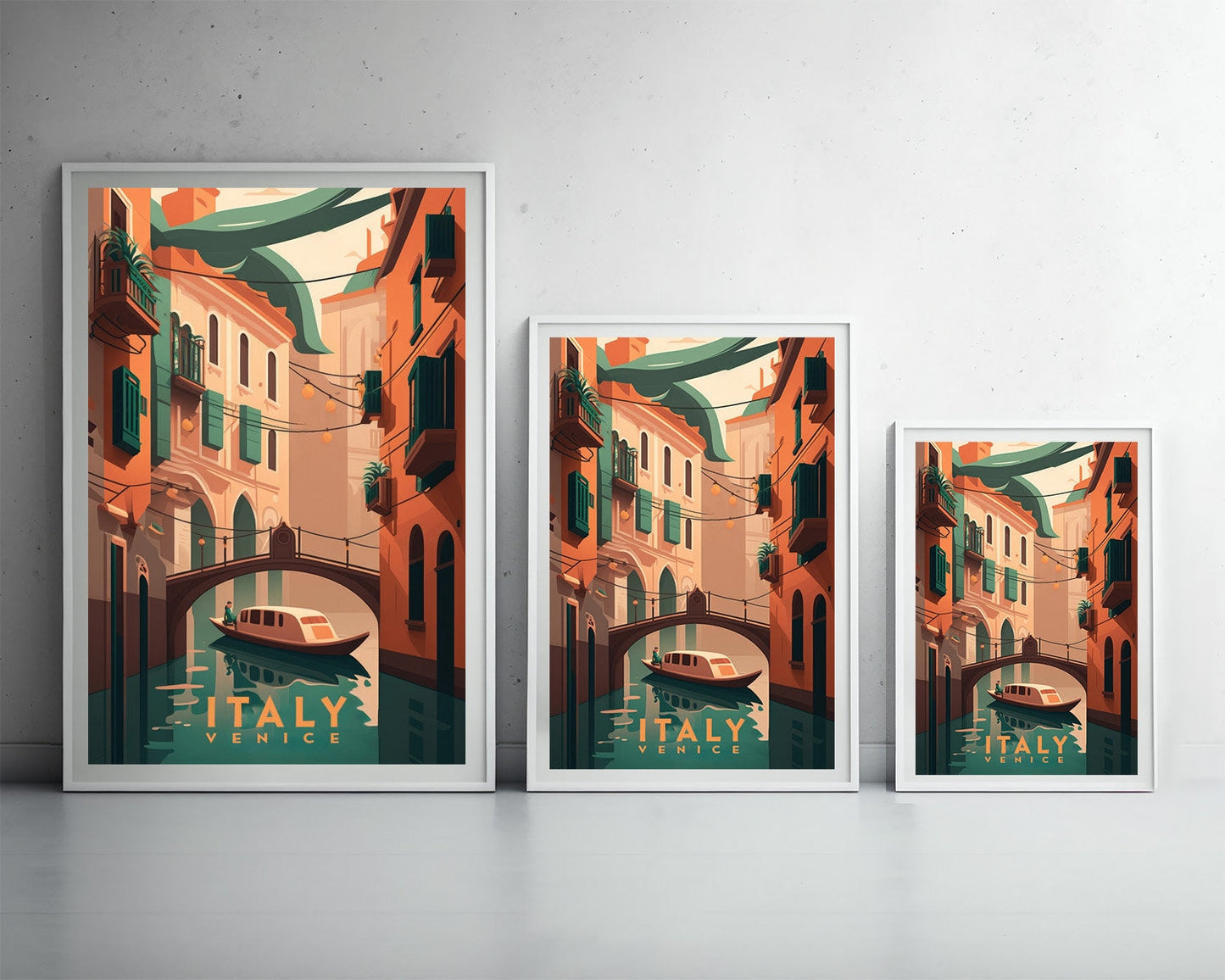 Framed Venice Italy Travel Poster in Portrait orientation, minimal background, close up wall art print 3