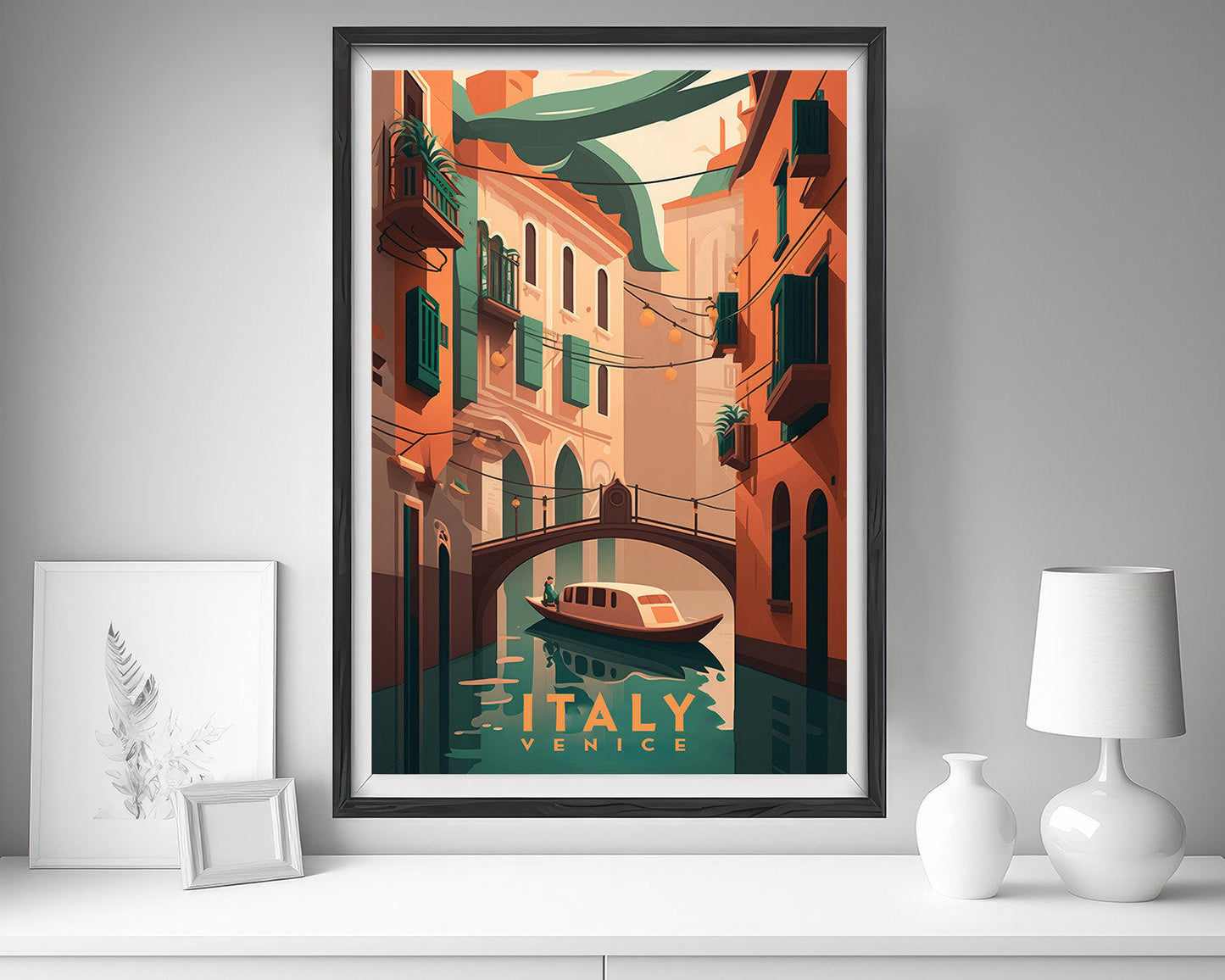 Framed Venice Italy Travel Poster in Portrait orientation, minimal background, close up wall art print 4
