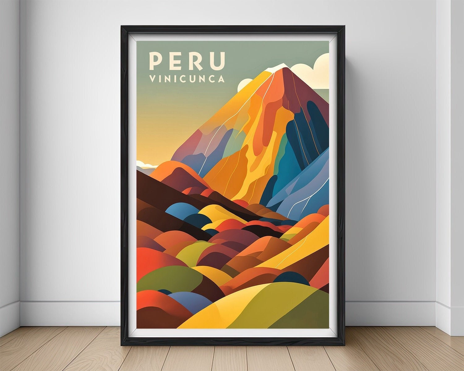 Framed Vinicunca Peru Travel Poster in Portrait orientation, minimal background, close up wall art print 1
