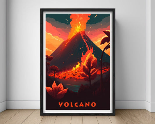 Framed Volcano Eruption Travel Poster in Portrait orientation, minimal background, close up wall art print 1