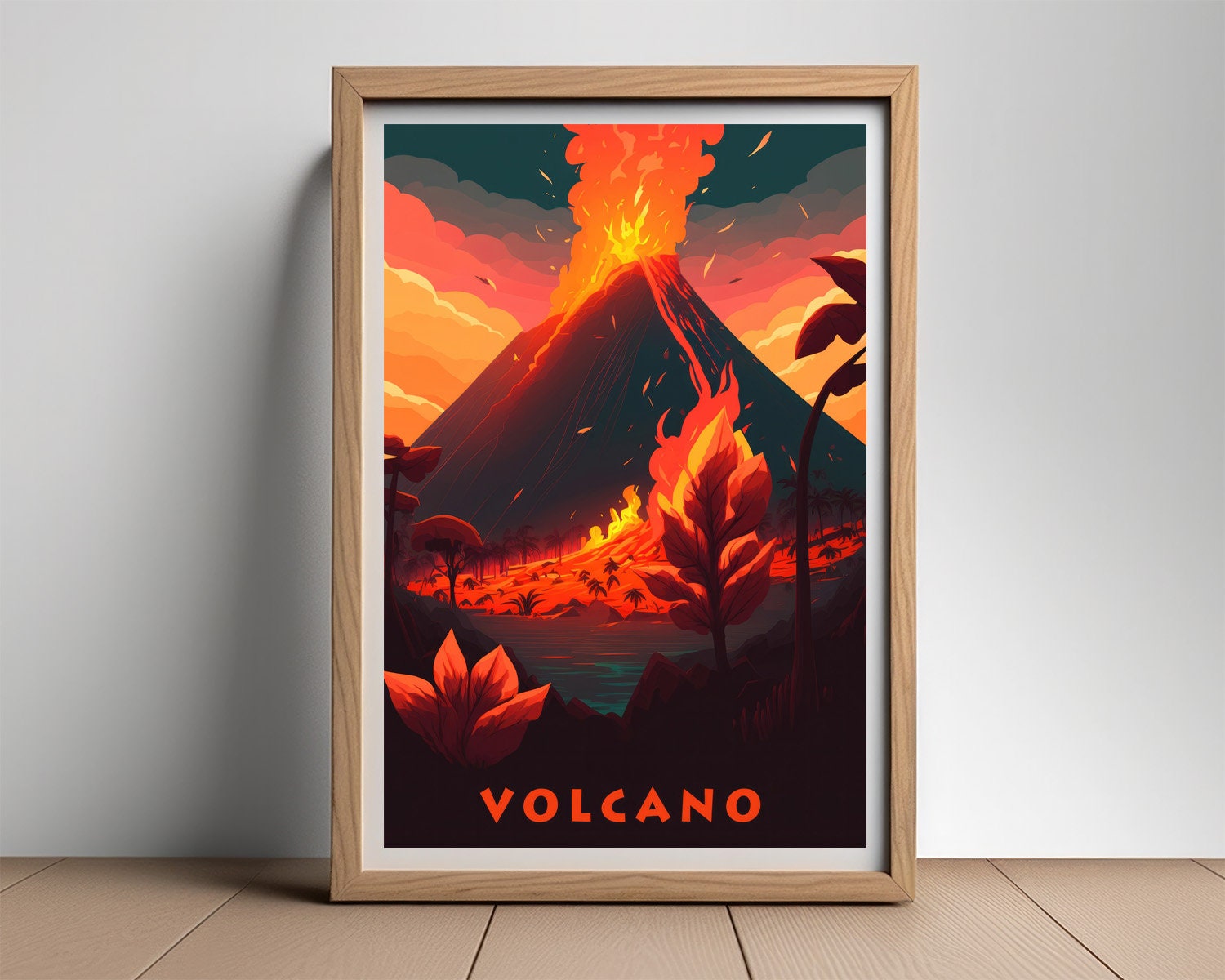 Framed Volcano Eruption Travel Poster in Portrait orientation, minimal background, close up wall art print 2