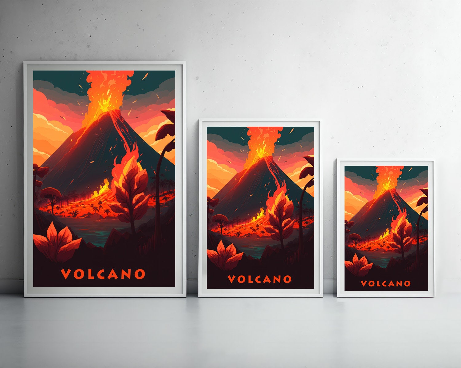Framed Volcano Eruption Travel Poster in Portrait orientation, minimal background, close up wall art print 3
