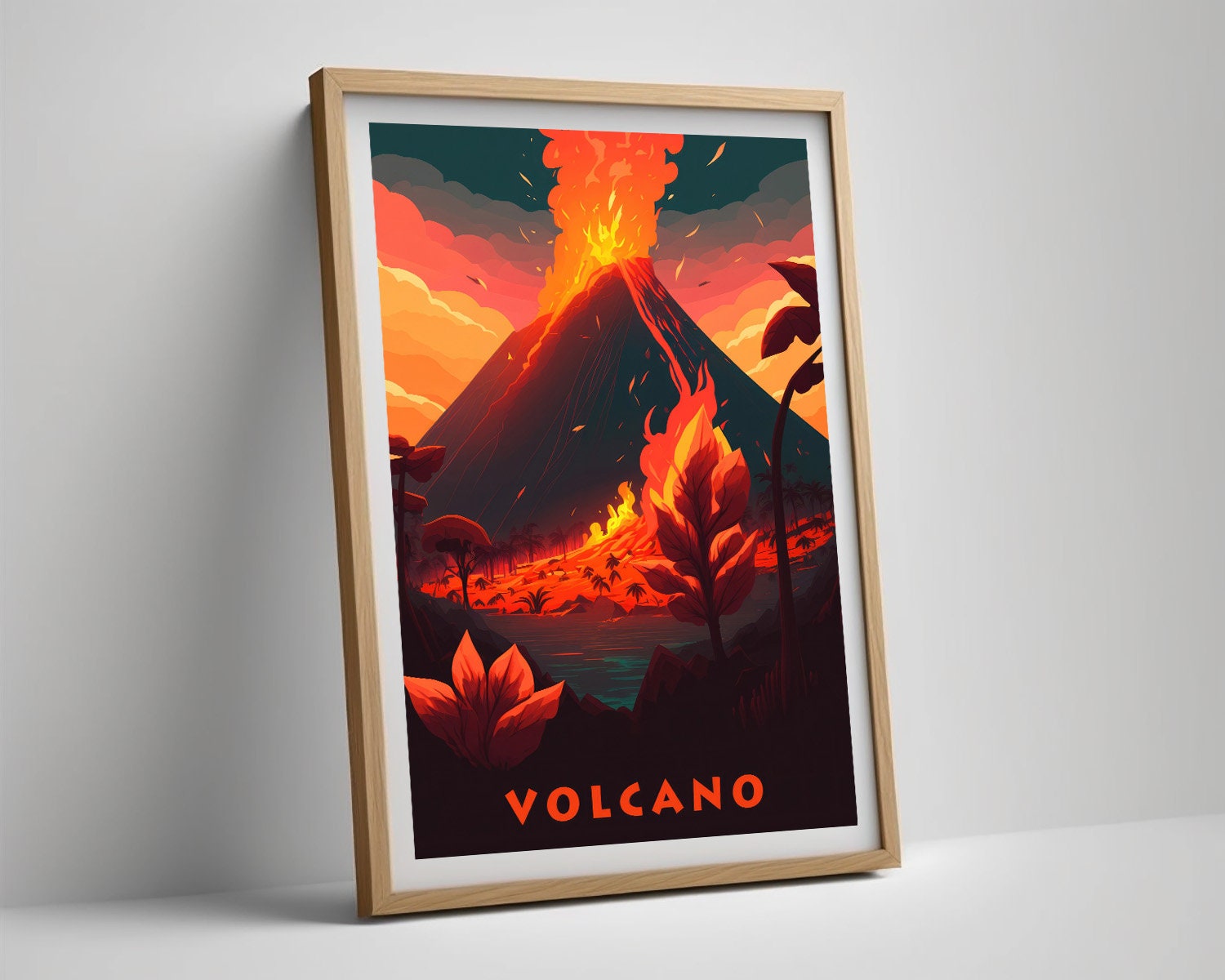 Framed Volcano Eruption Travel Poster in Portrait orientation, minimal background, close up wall art print 4