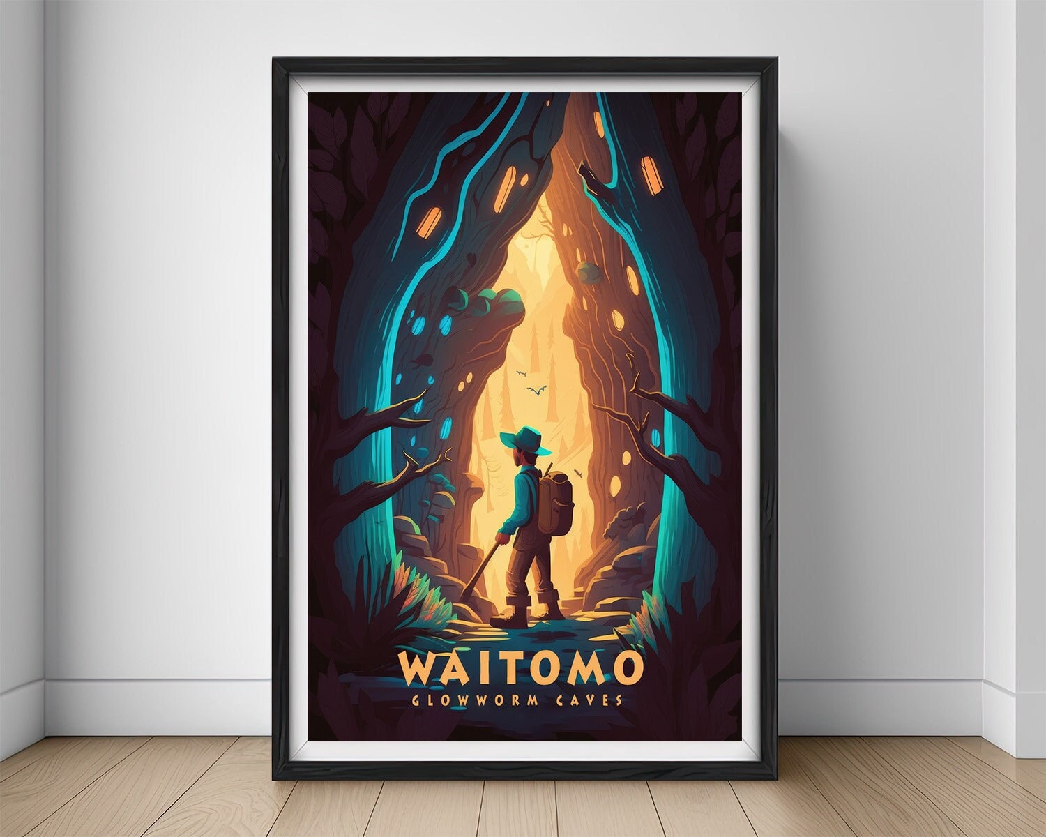Framed Waitomo Caves NZ Travel Poster in Portrait orientation, minimal background, close up wall art print 1