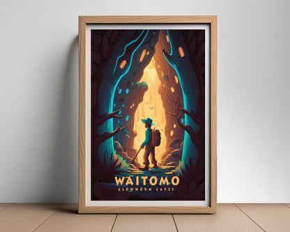 Framed Waitomo Caves NZ Travel Poster in Portrait orientation, minimal background, close up wall art print 2