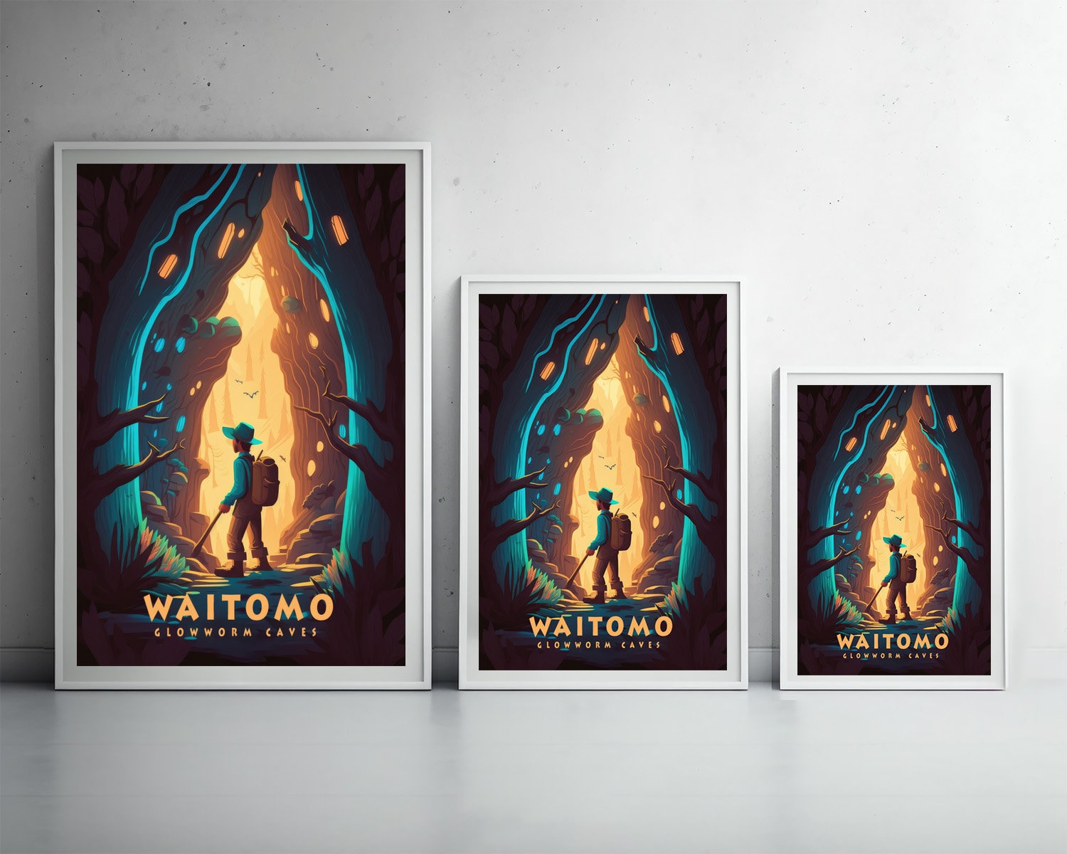Framed Waitomo Caves NZ Travel Poster in Portrait orientation, minimal background, close up wall art print 3