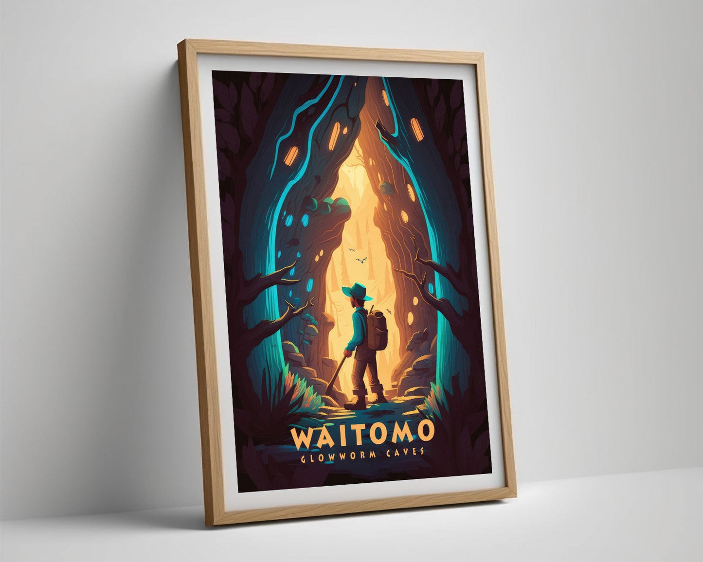 Framed Waitomo Caves NZ Travel Poster in Portrait orientation, minimal background, close up wall art print 4