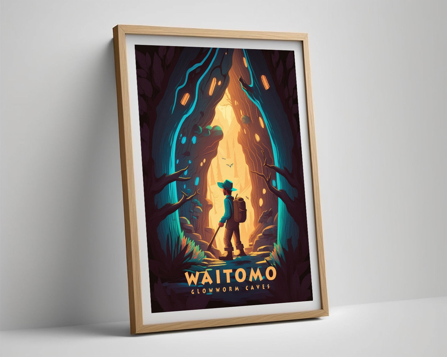 Framed Waitomo Caves NZ Travel Poster in Portrait orientation, minimal background, close up wall art print 4