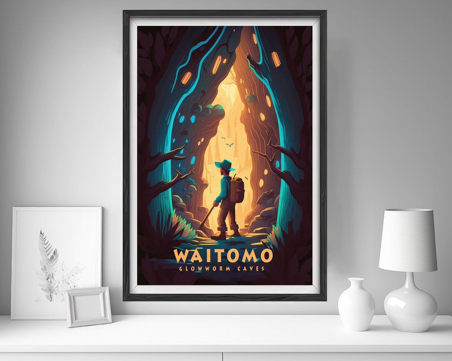 Framed Waitomo Caves NZ Travel Poster in Portrait orientation, minimal background, close up wall art print 5