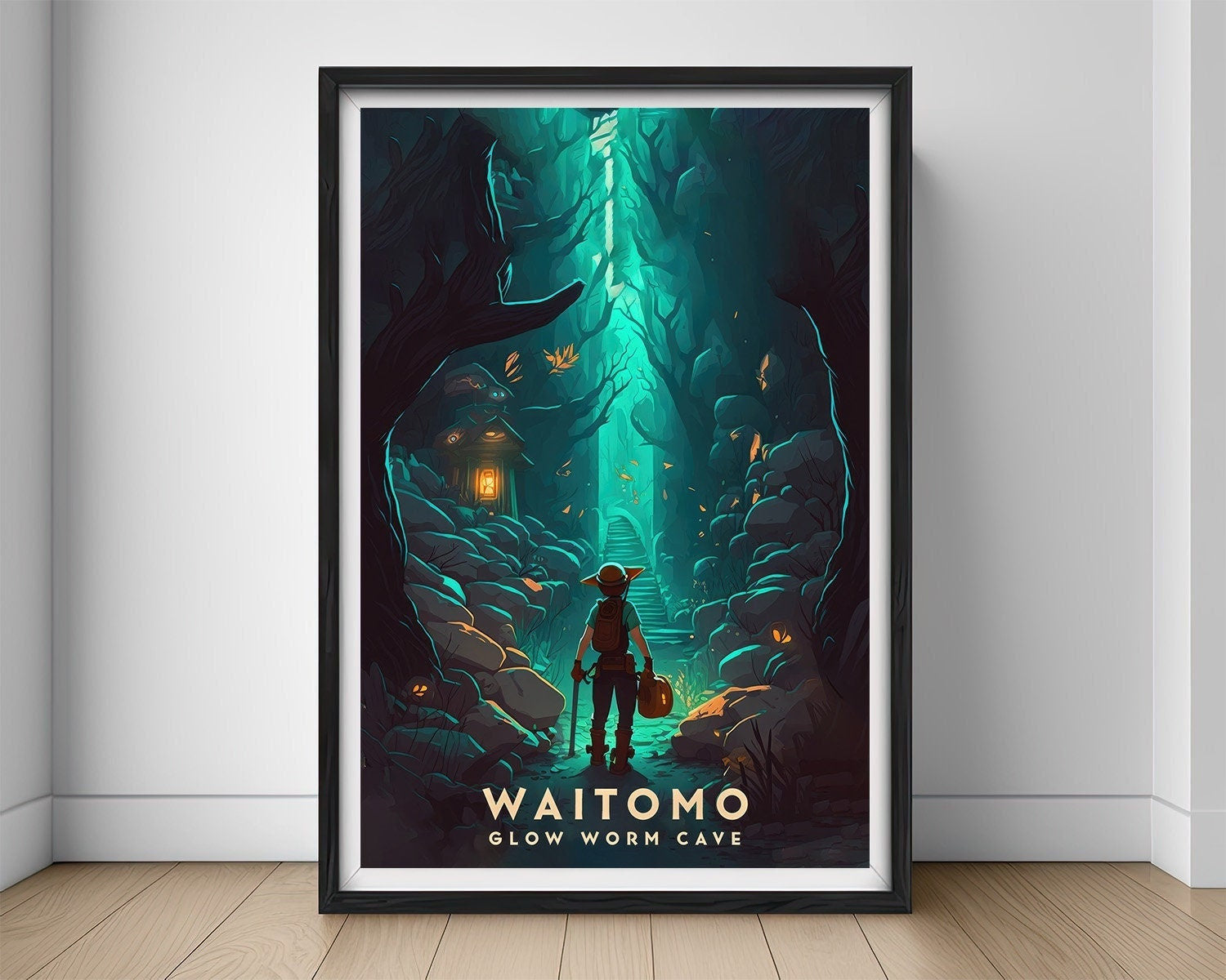Framed Waitomo Caves Travel Poster in Portrait orientation, minimal background, close up wall art print 1