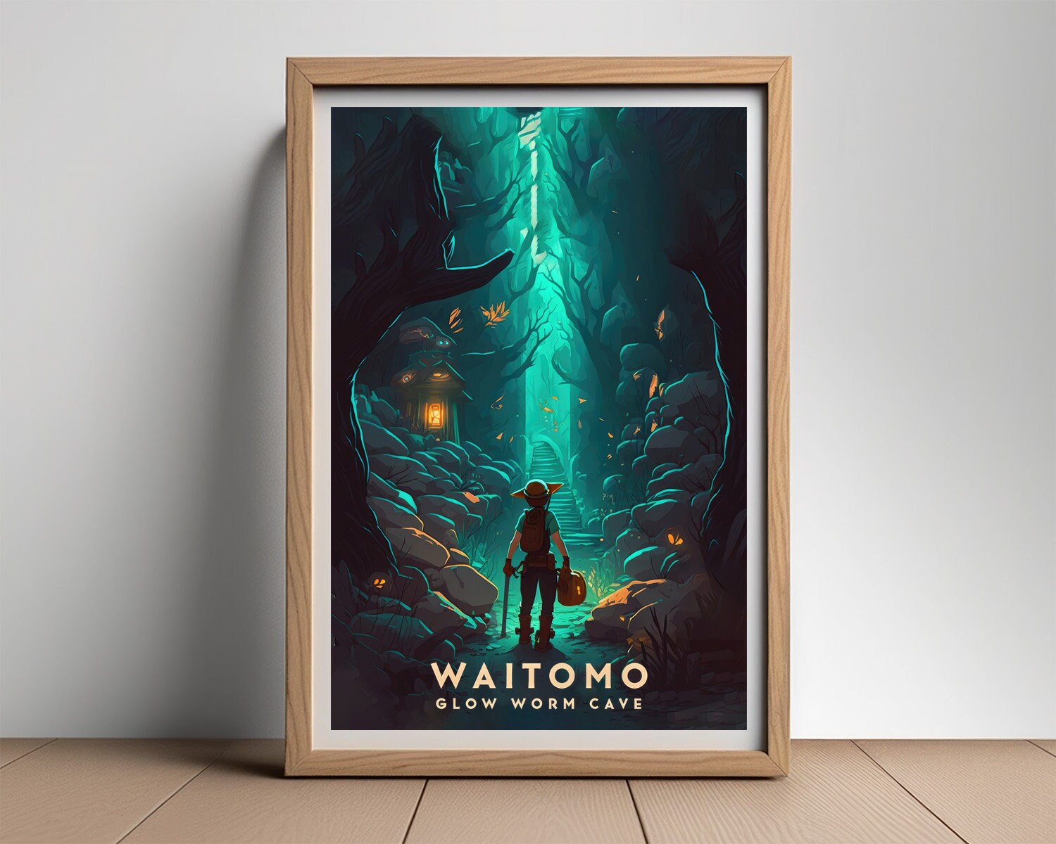 Framed Waitomo Caves Travel Poster in Portrait orientation, minimal background, close up wall art print 2