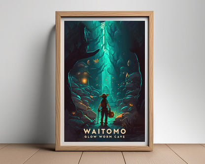 Framed Waitomo Caves Travel Poster in Portrait orientation, minimal background, close up wall art print 2
