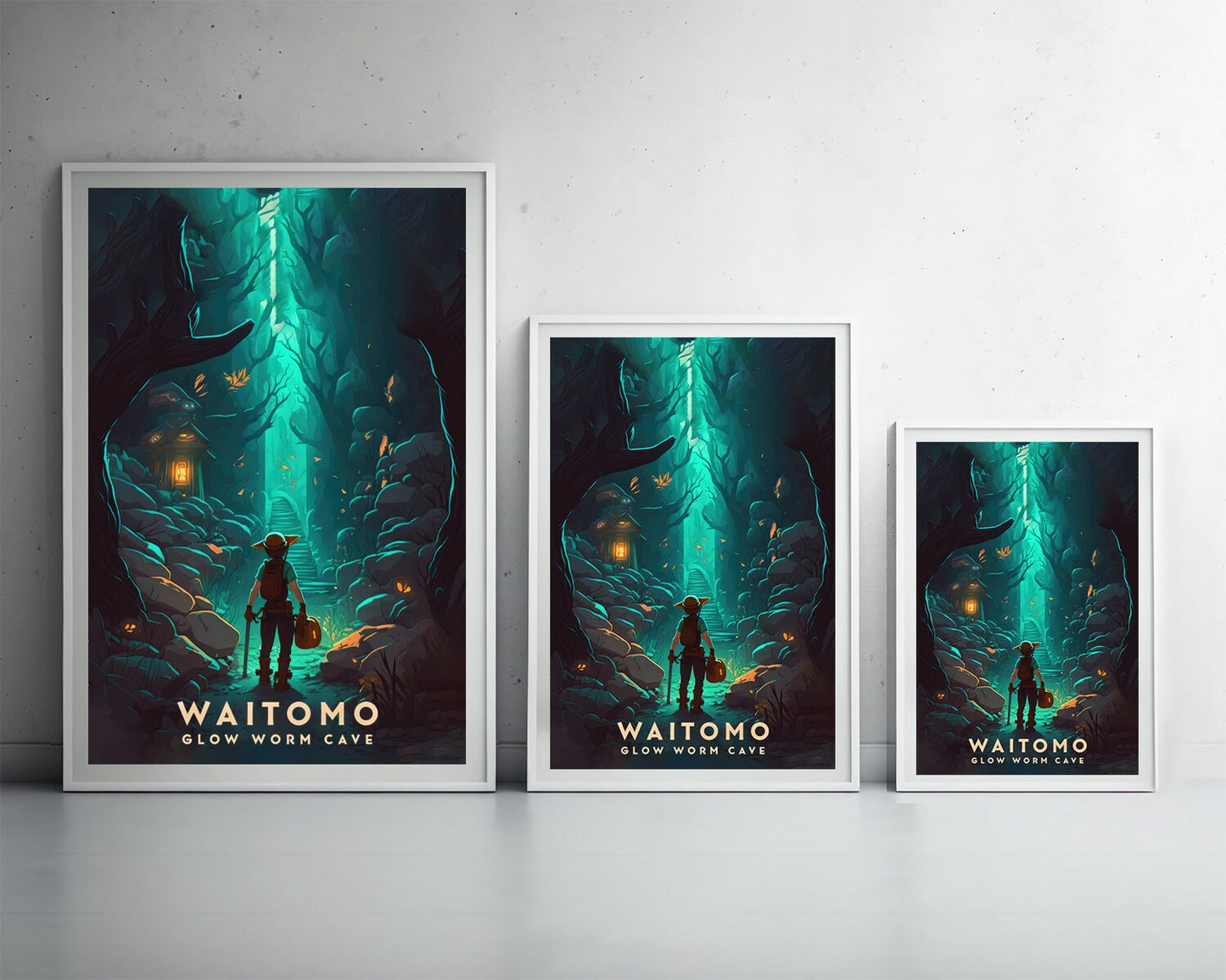 Framed Waitomo Caves Travel Poster in Portrait orientation, minimal background, close up wall art print 3