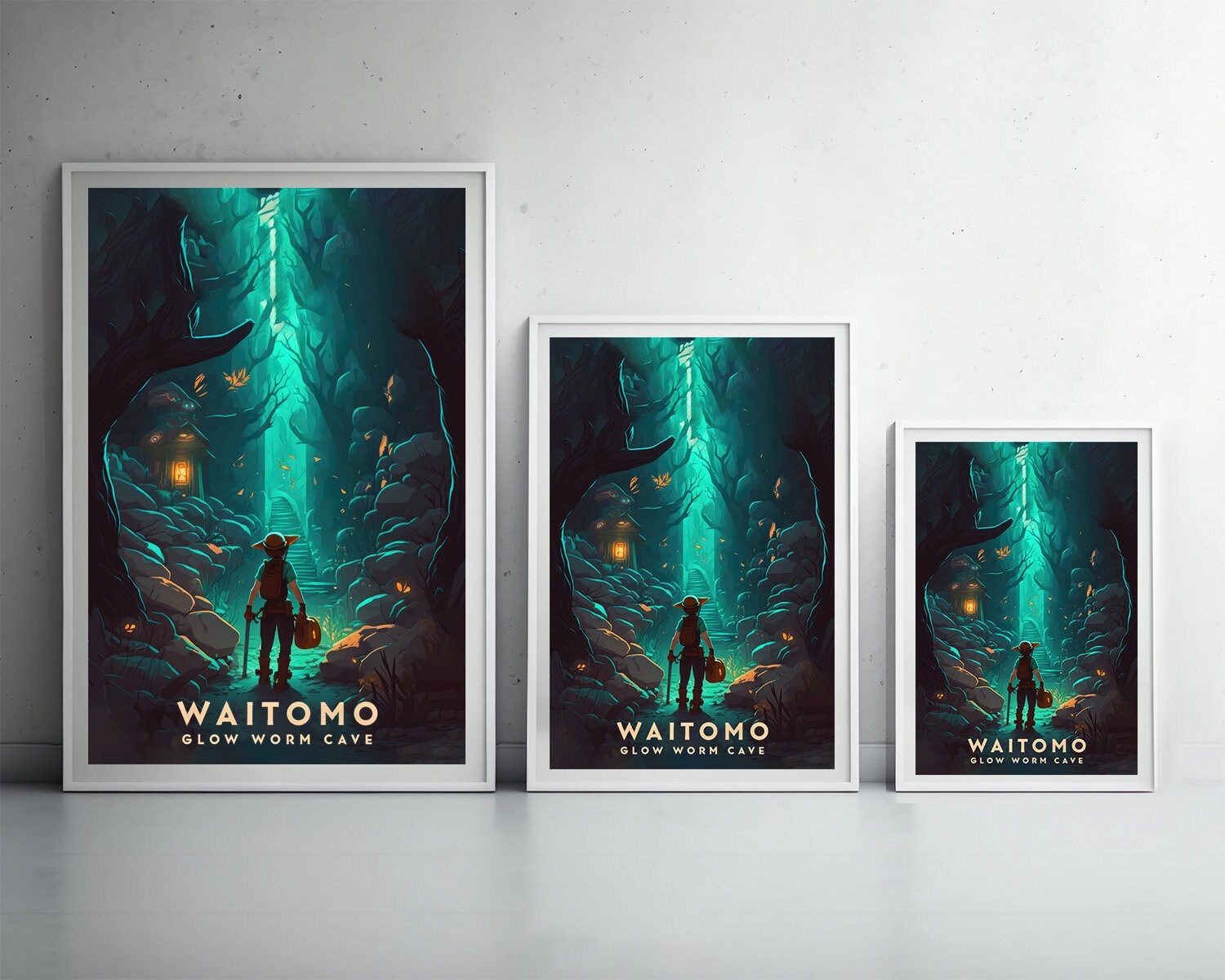 Framed Waitomo Caves Travel Poster in Portrait orientation, minimal background, close up wall art print 3