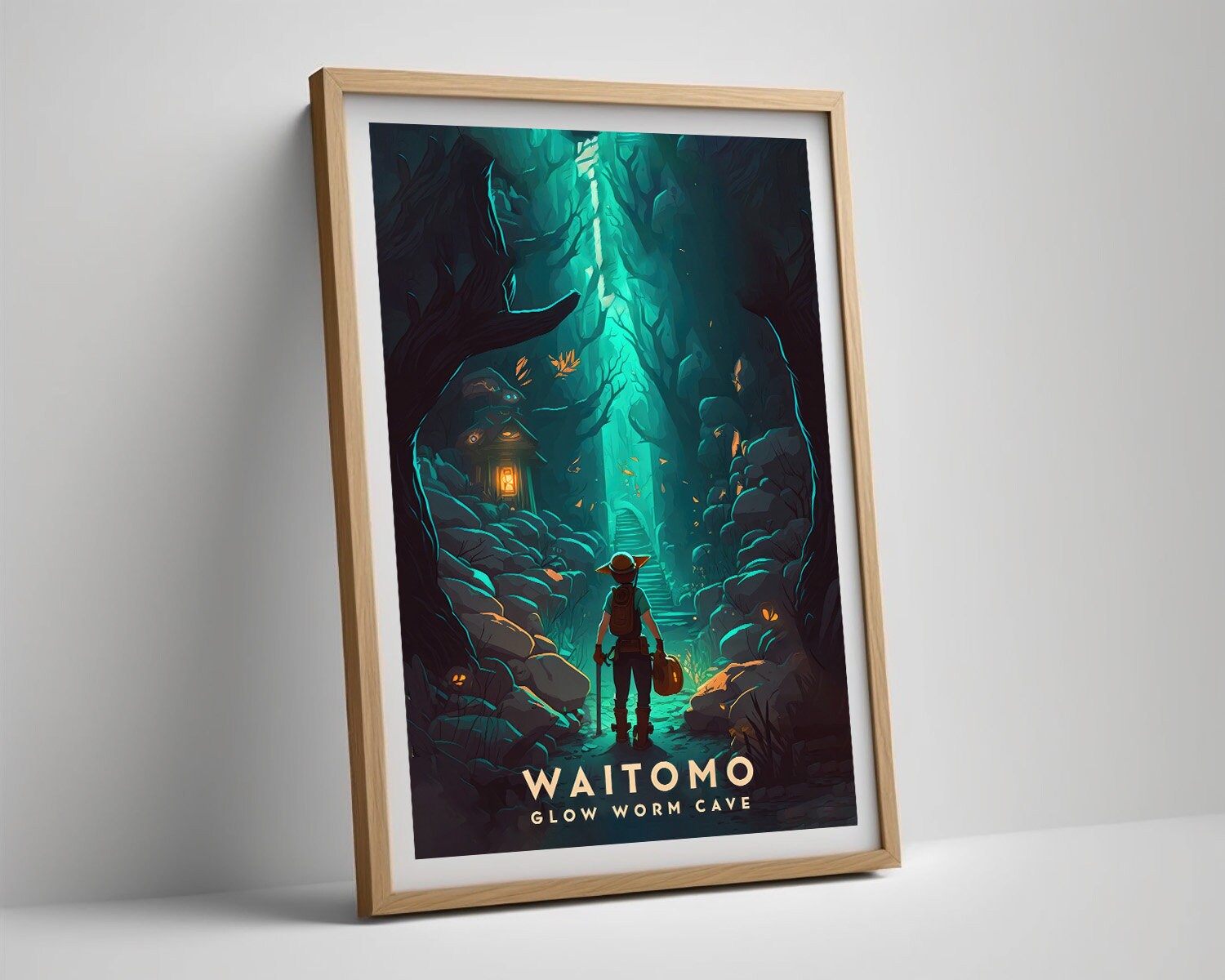 Framed Waitomo Caves Travel Poster in Portrait orientation, minimal background, close up wall art print 4
