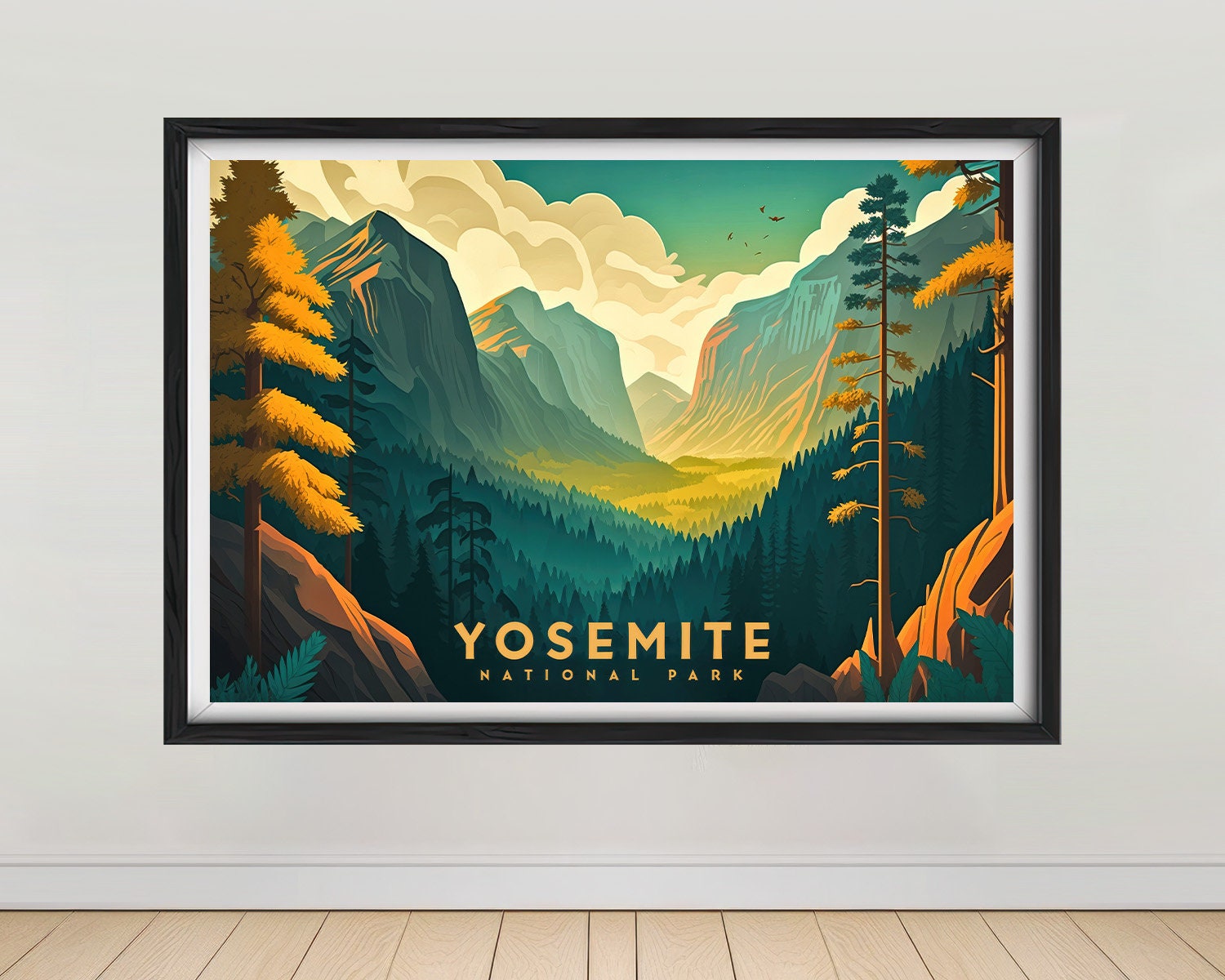 Framed Yosemite Park California Travel Poster in Landscape orientation, minimal background, close up wall art print 1