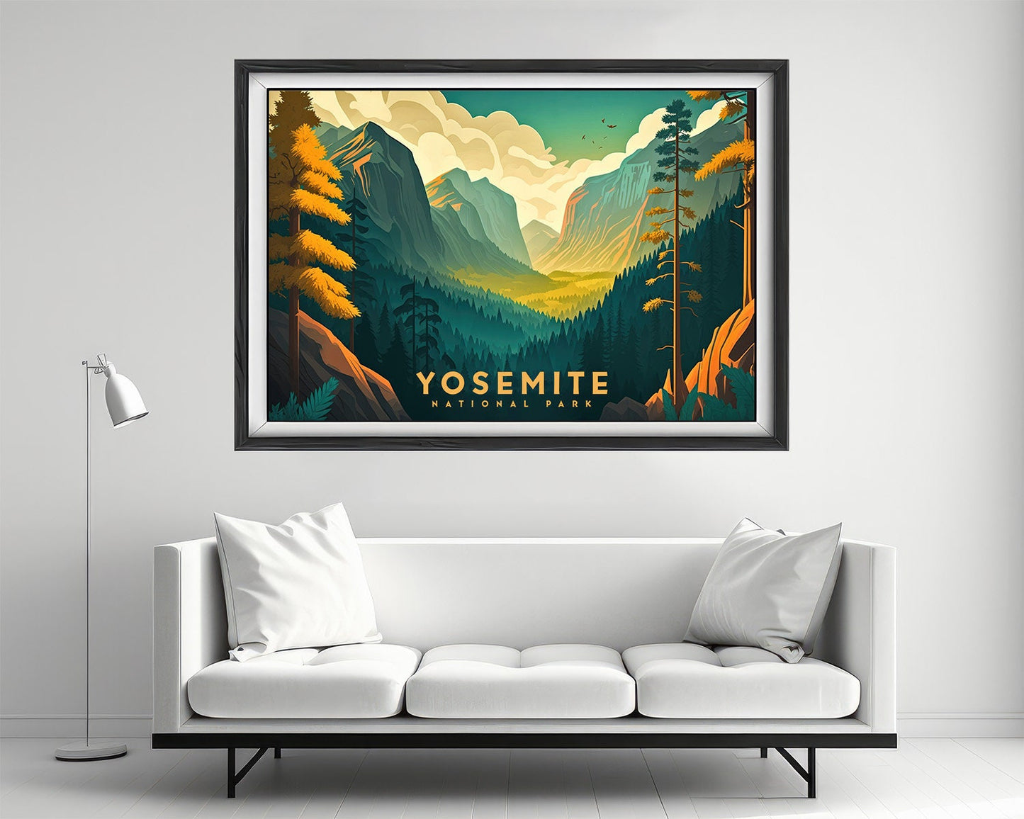 Framed Yosemite Park California Travel Poster in Landscape orientation, minimal background, close up wall art print 2