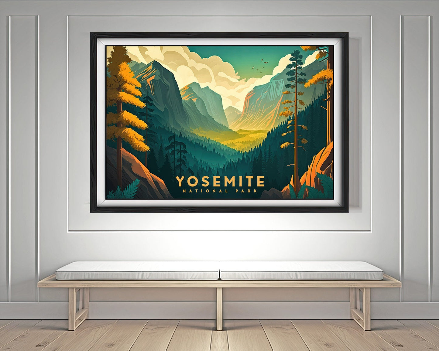 Framed Yosemite Park California Travel Poster in Landscape orientation, minimal background, close up wall art print 3