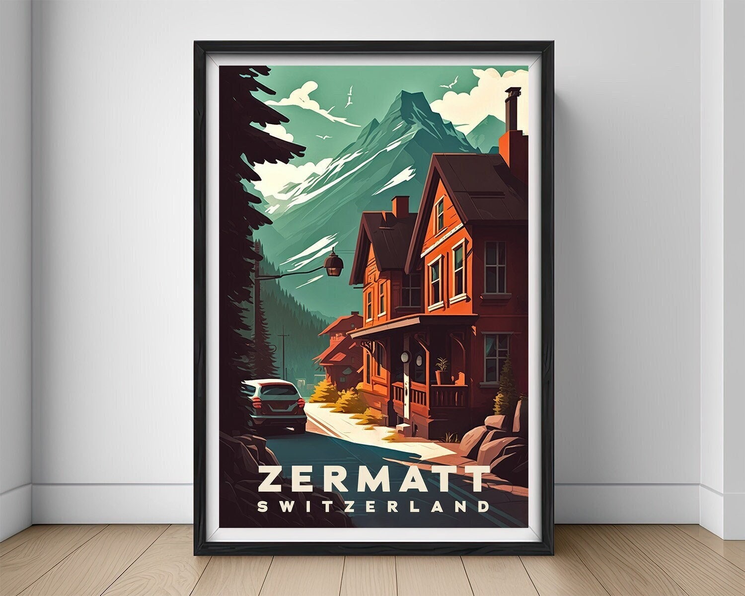 Framed Zermatt Switzerland Travel Poster in Portrait orientation, minimal background, close up wall art print 1