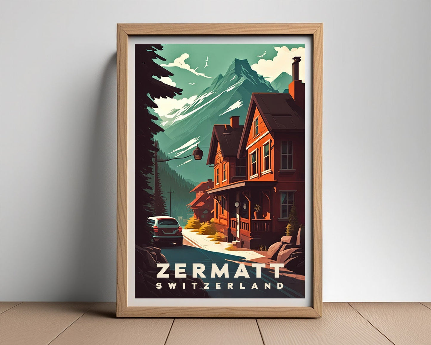 Framed Zermatt Switzerland Travel Poster in Portrait orientation, minimal background, close up wall art print 2