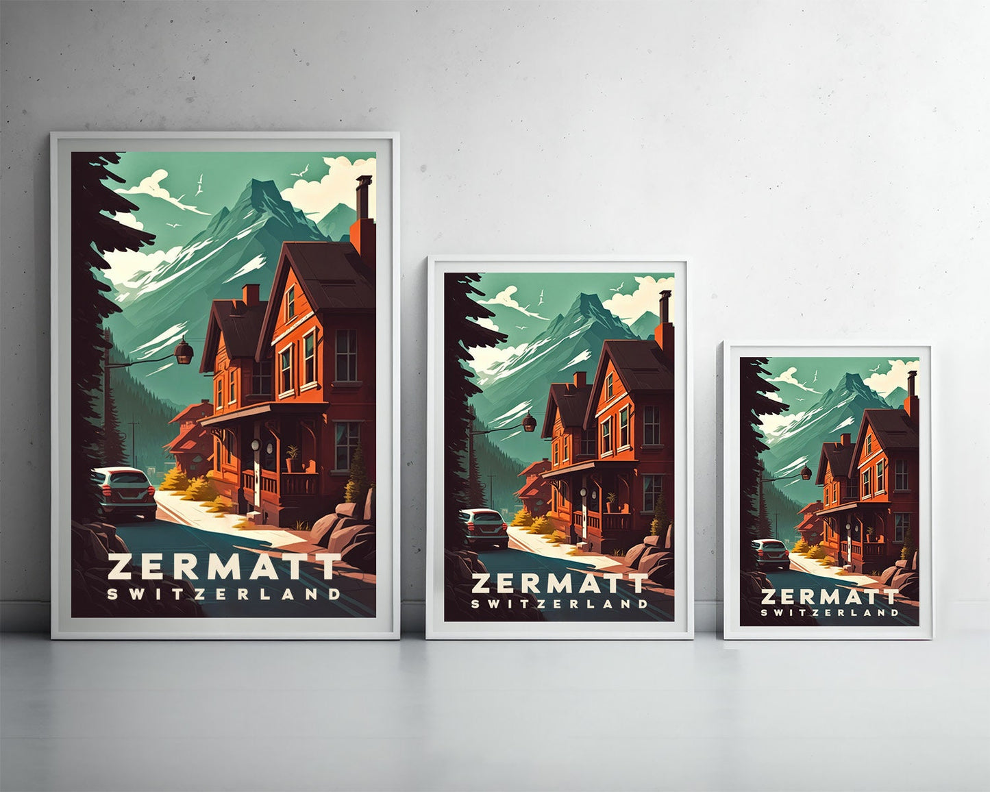 Framed Zermatt Switzerland Travel Poster in Portrait orientation, minimal background, close up wall art print 3