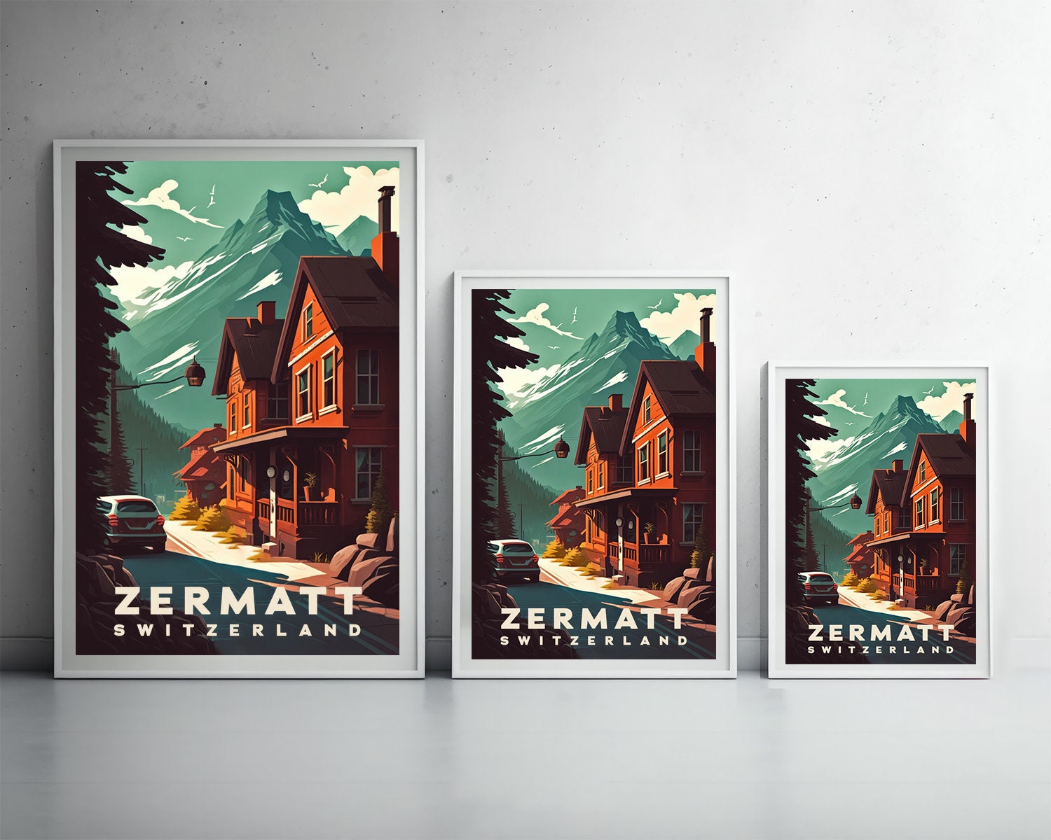 Framed Zermatt Switzerland Travel Poster in Portrait orientation, minimal background, close up wall art print 3