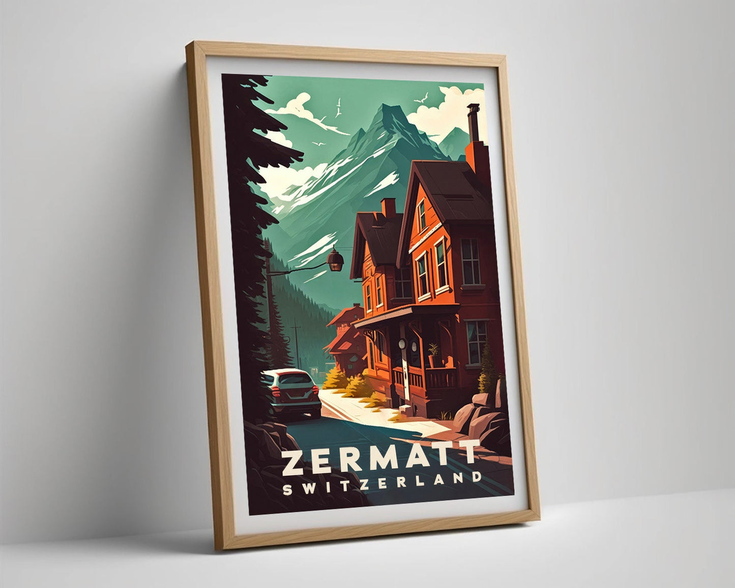 Framed Zermatt Switzerland Travel Poster in Portrait orientation, minimal background, close up wall art print 4