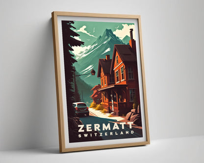 Framed Zermatt Switzerland Travel Poster in Portrait orientation, minimal background, close up wall art print 4